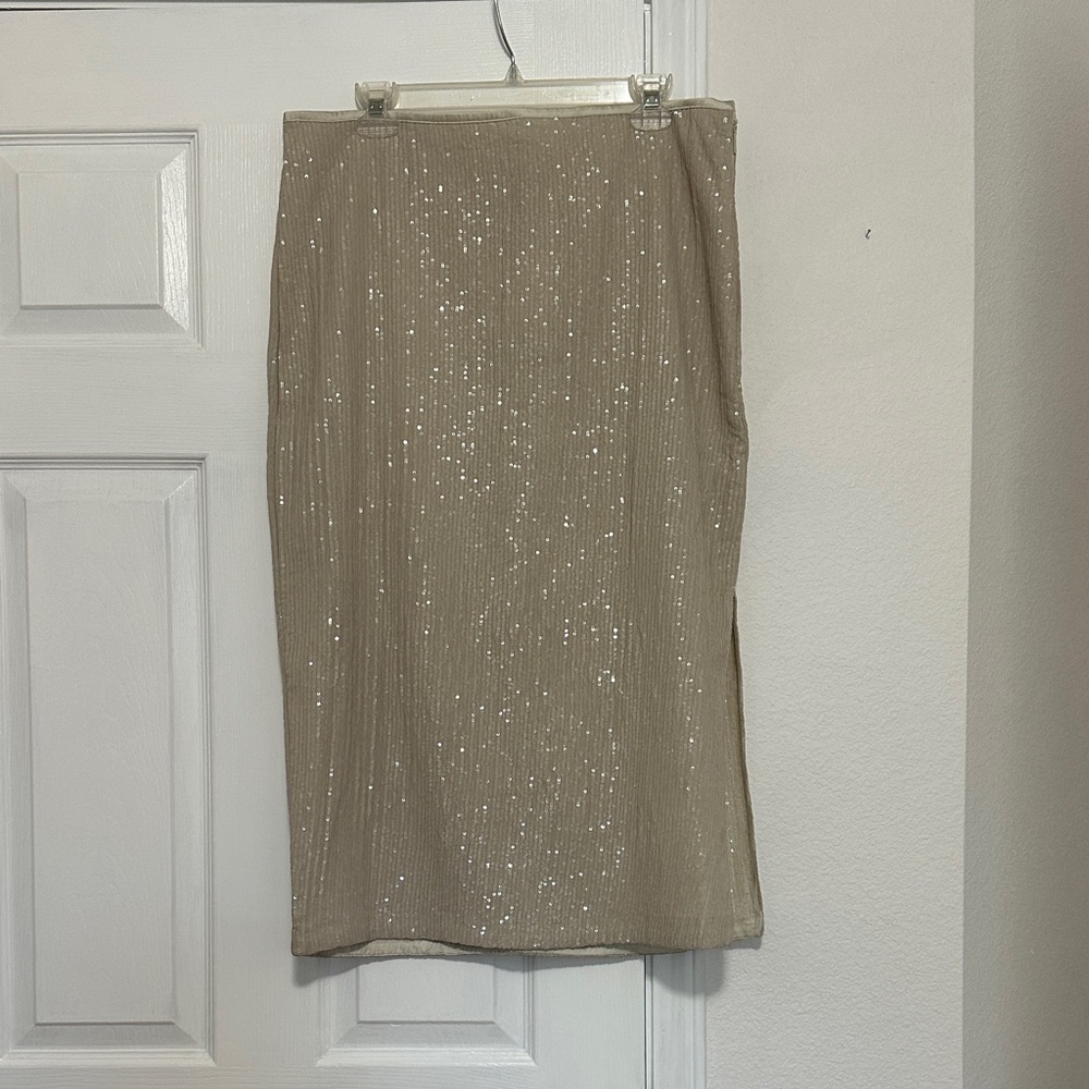 New Calvin Klein Beige Sequin Pencil Skirt